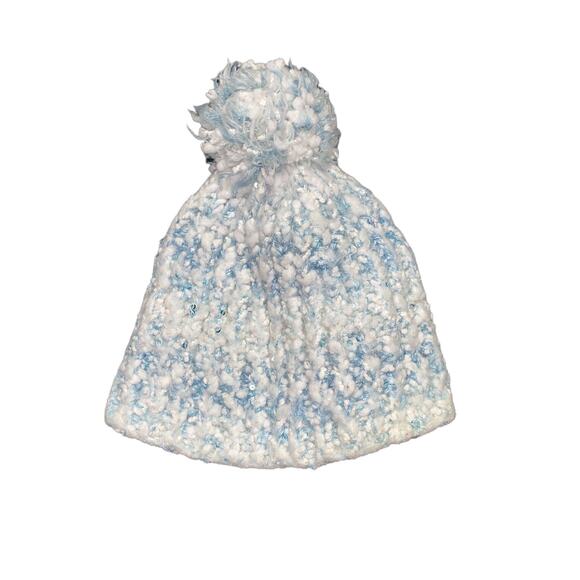 Time & Tru Blue White Metallic Pom-Pom Beanie Snow Winter Hat Cap Women's - Picture 1 of 3